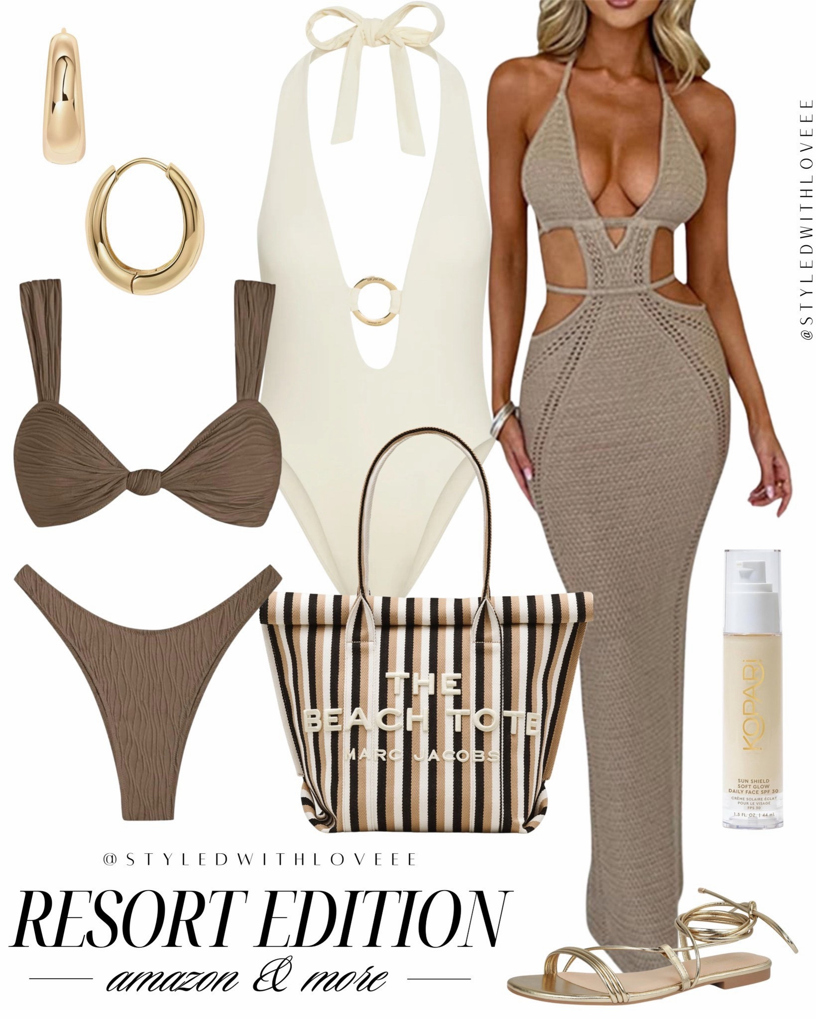 Neutral tones but make it resort glam.
This crochet dress is such a statement — perfect over a suit or styled for dinner.
Loving the brown textured bikini and that white one-piece with the gold ring detail (so flattering!).
Tossed in the striped tote and shimmer oil to finish the vibe.

#LTKSwim #LTKTravel #LTKootd