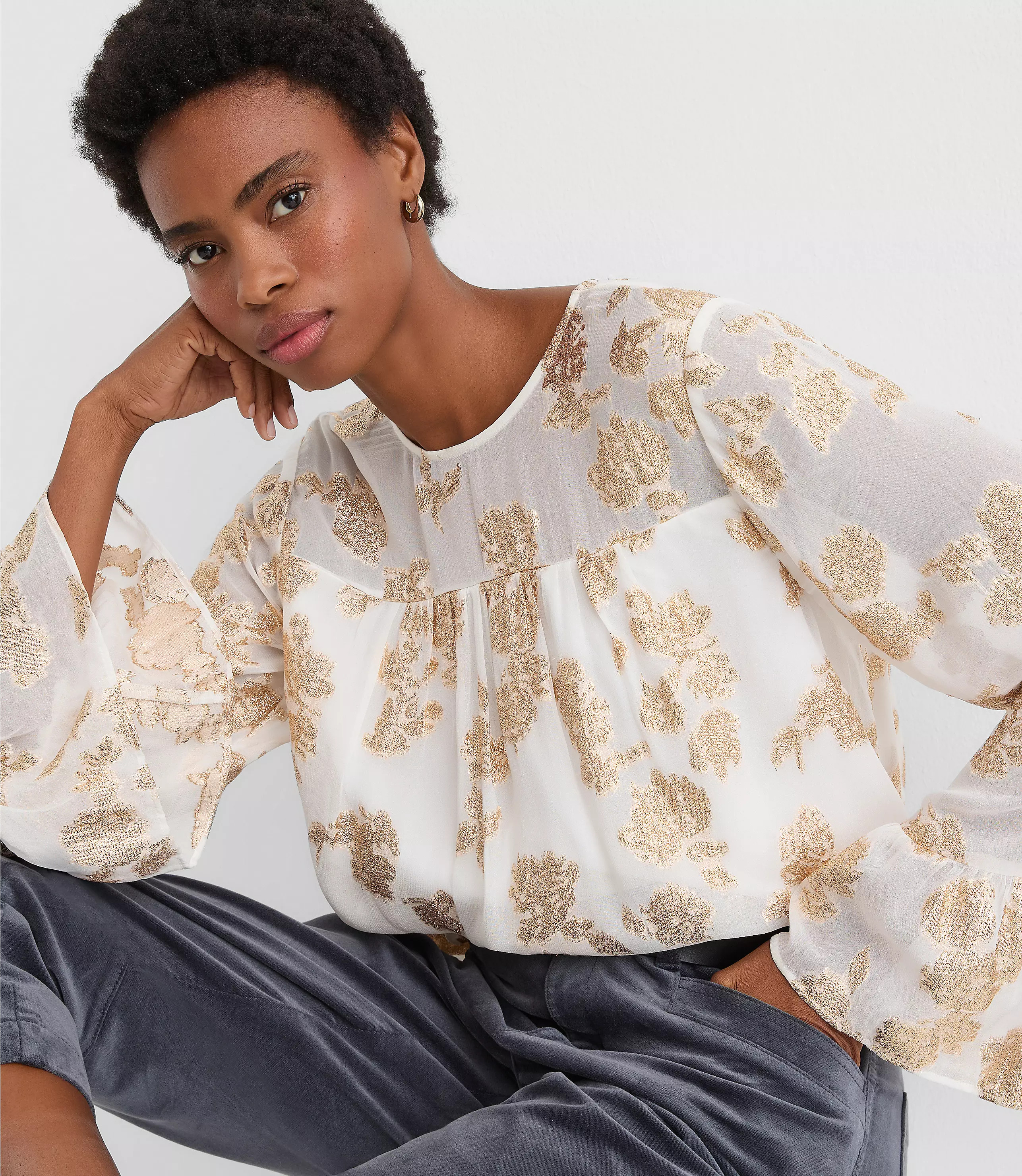 Shimmer Jacquard Ruffle Cuff Blouse | LOFT
