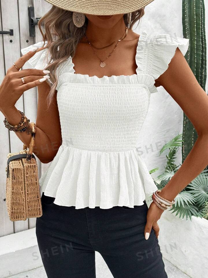 SHEIN LUNE Casual Solid Color Short Flutter Sleeve Blouse With Ruffled Hemline, Perfect For Vacat... | SHEIN