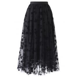 3D Posy Double-Layered Mesh Midi Skirt in Black | Chicwish