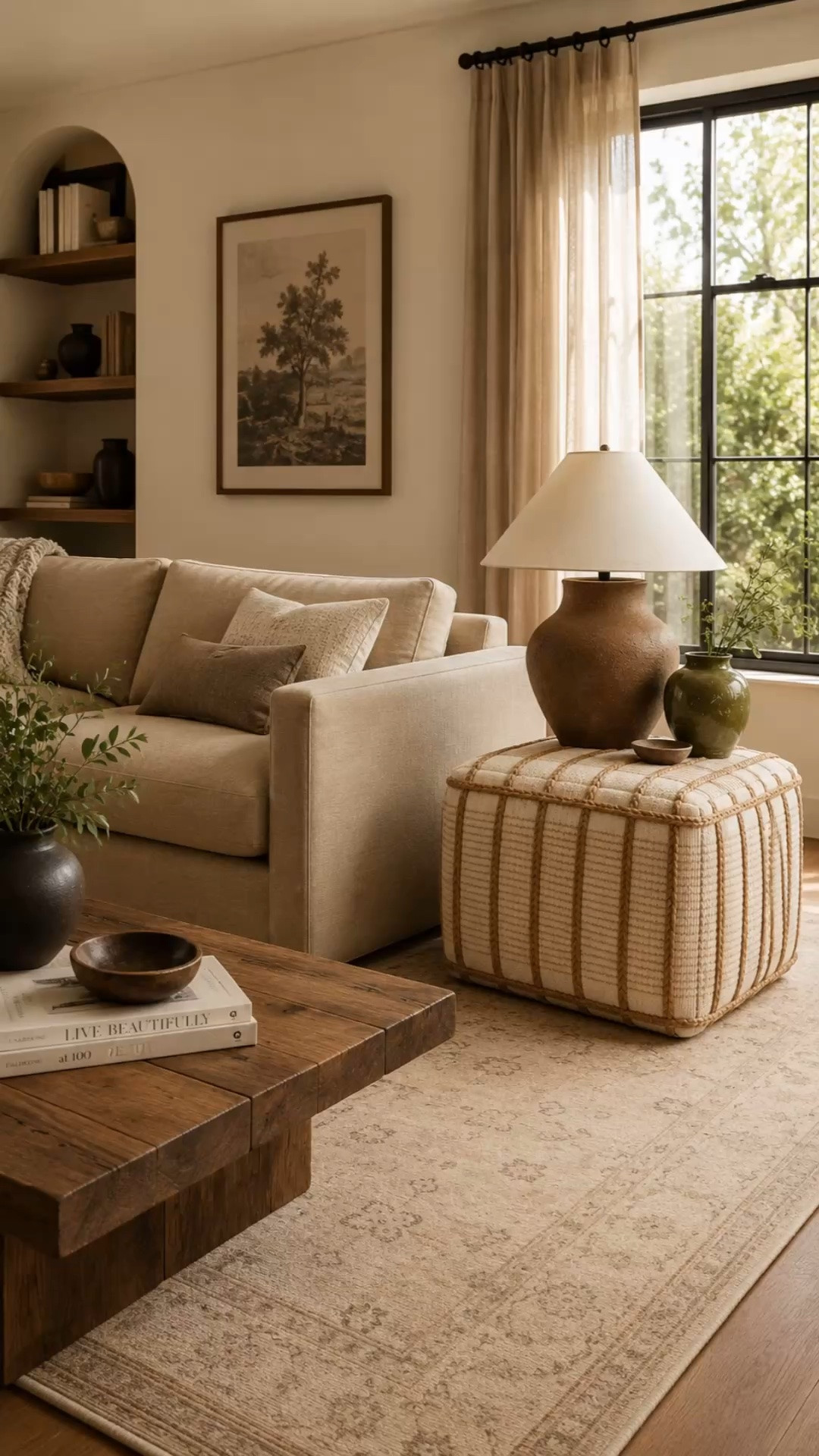 Neutral tones, layered textures, and warm lighting will always have my heart 🤎

This space feels calm, cozy, and elevated without needing a ton of decor. The oversized lamp, vintage-inspired rug, and textured ottoman make everything feel collected and intentional — like the kind of living room you never want to leave.

#organicmodernhome #neutraldecor #midcenturylivingroom

#LTKHome #LTKSaleAlert #LTKSeasonal