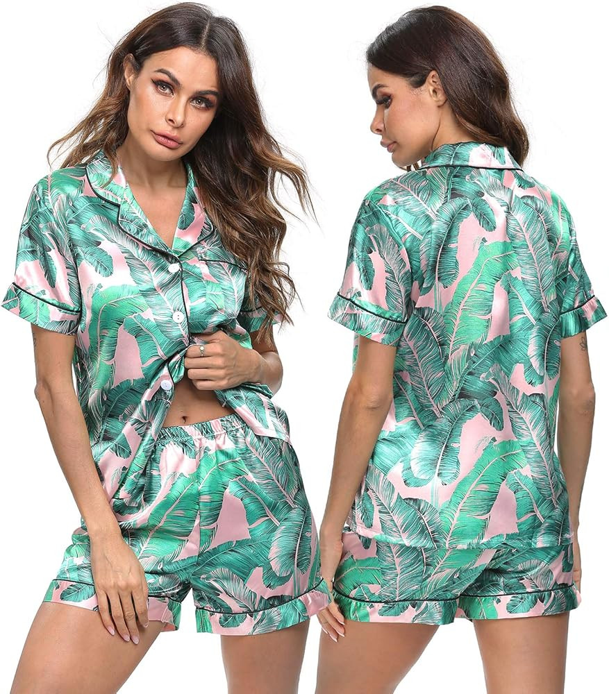 SWOMOG Womens Silk Satin Pajamas Set Two-piece Pj Sets Sleepwear Loungewear Button-Down Pj Sets | Amazon (US)
