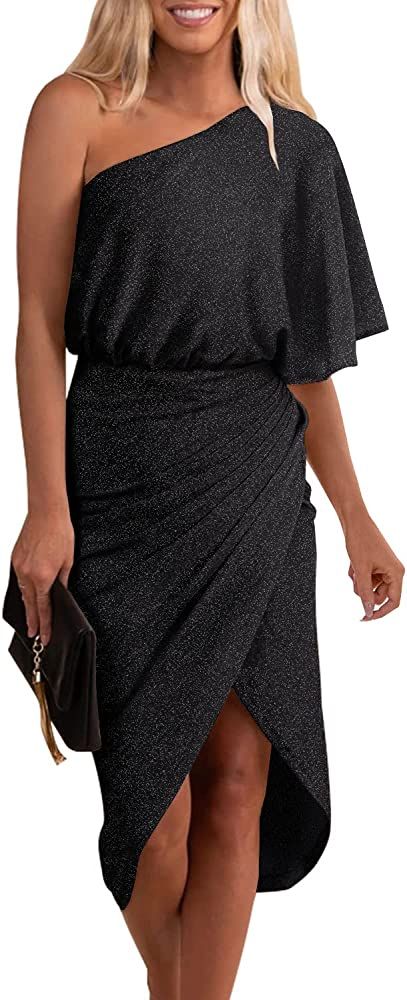 MIHOLL Womens Sexy One Shoulder Dress Glitter Cocktail Party Ruched Bodycon Midi Dress | Amazon (US)