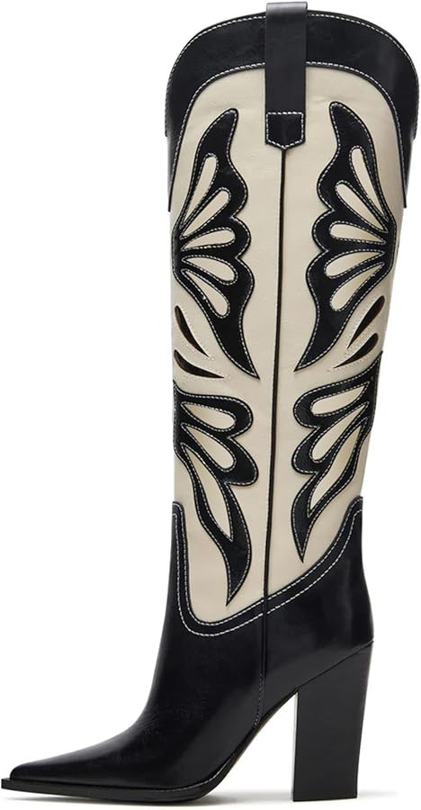 VOMIRA Cowboy Boots for Women Pointed Toe Chunky High Heels Butterfly Cowgirl Boots Wide Calf Kne... | Amazon (US)