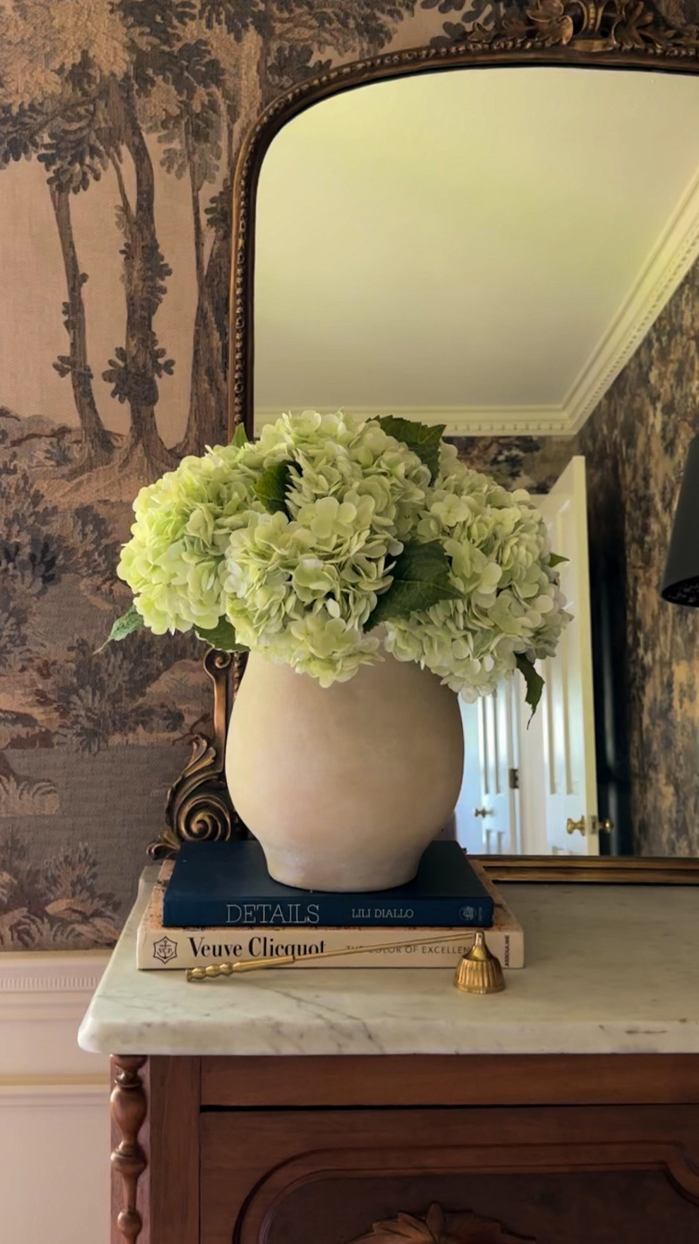If you're looking for faux hydrangeas that truly look and feel real, these are my favorite. I styled eight of the Limelight hydrangea stems from Alice Lane Home in a ruffle vase, and they make the prettiest statement. The color variation, texture, and fullness are incredibly realistic, making them an easy way to bring fresh looking greenery into your home year round without any maintenance.