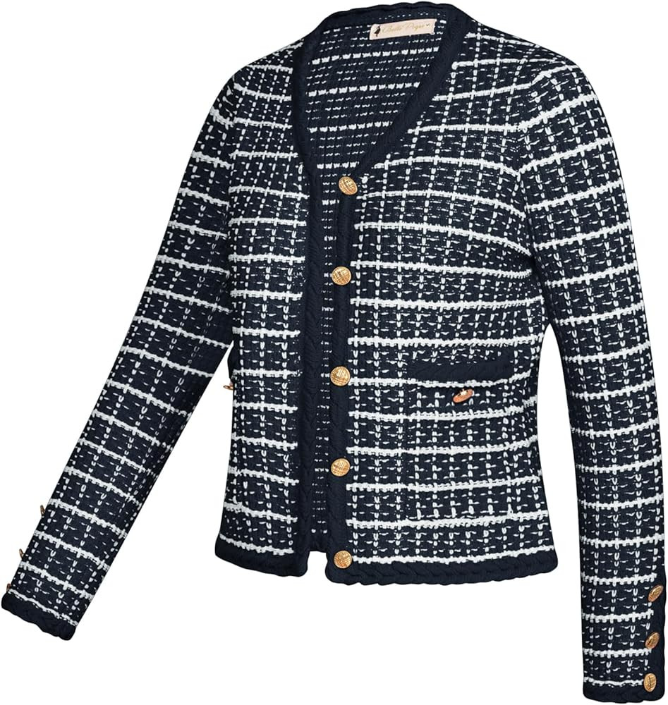 Belle Poque Women Cardigan Sweaters Tweed Pattern Jacket V Neck Sweater Blazer with Button for Fa... | Amazon (US)