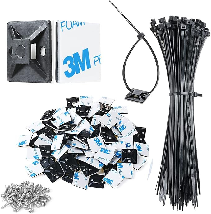 3/4" Strong Black Cable Zip Tie Mounts 100 Pcs with 8" Zip Ties and Screws, Outdoor Sticky Cable ... | Amazon (US)