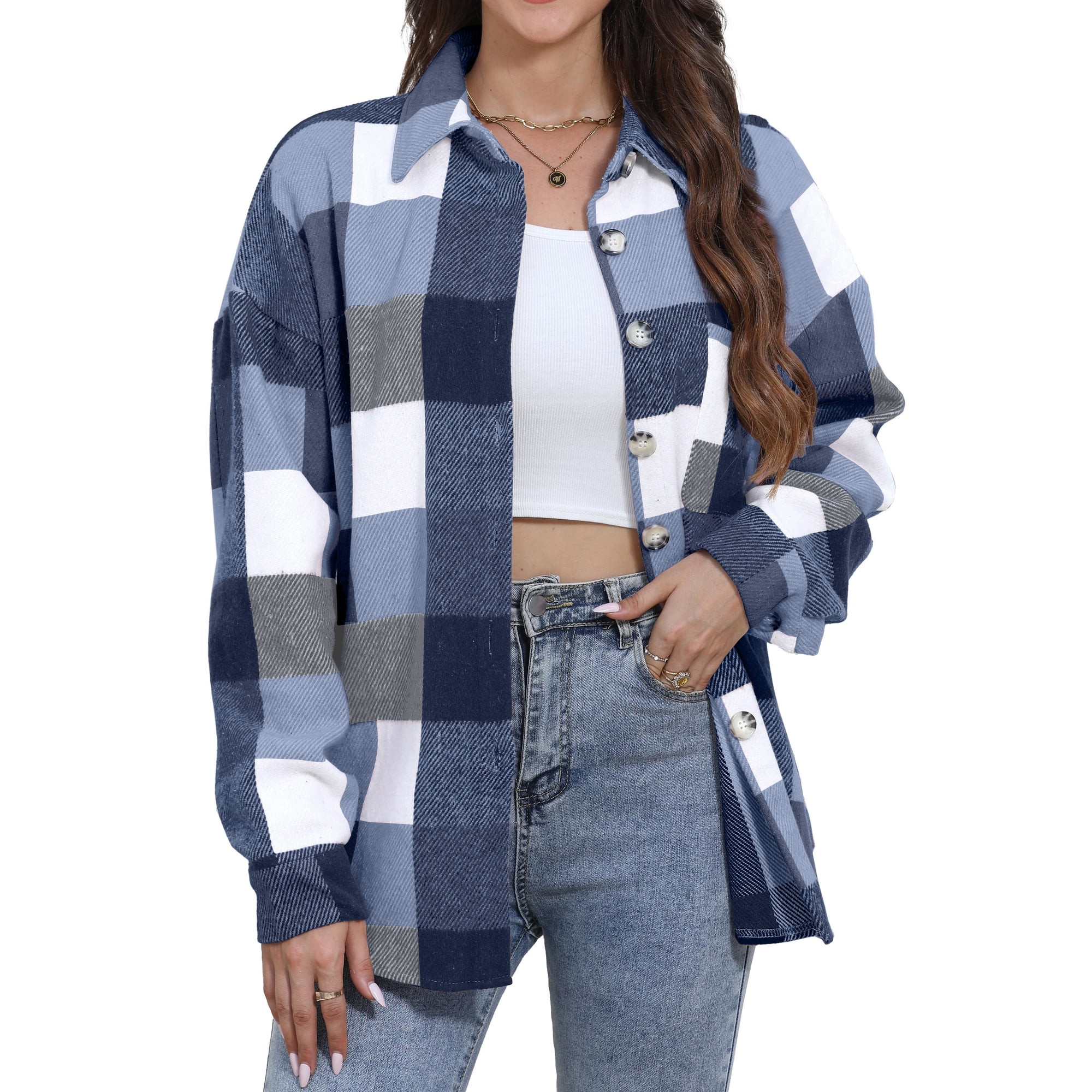 Fantaslook Womens Plaid Shirts Flannel Shacket Jacket Long Sleeve Button Down Boyfriend Shirt Coats | Walmart (US)
