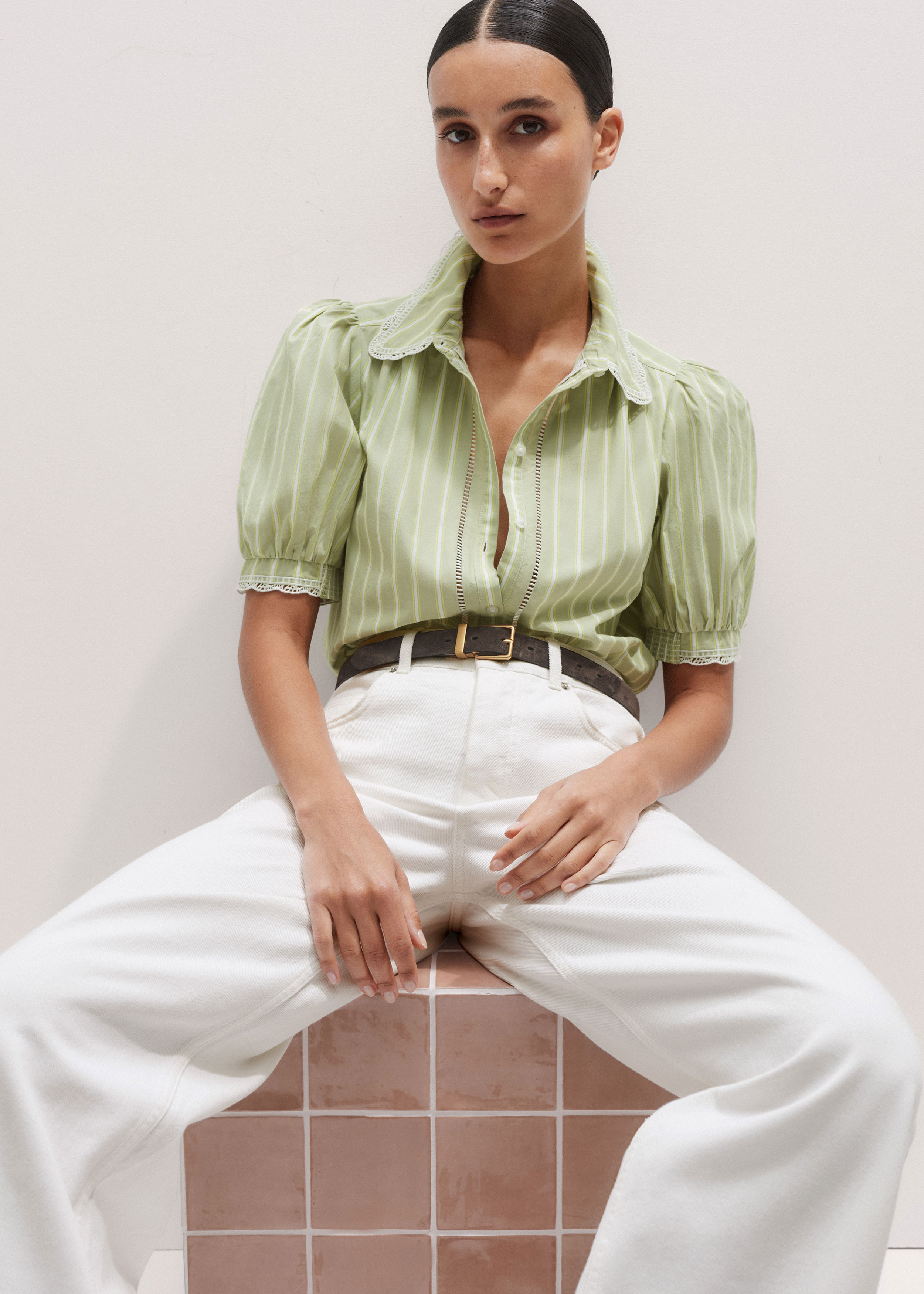 Cotton Stripe Lace Trim Blouse Cotton Voile | ME+EM US