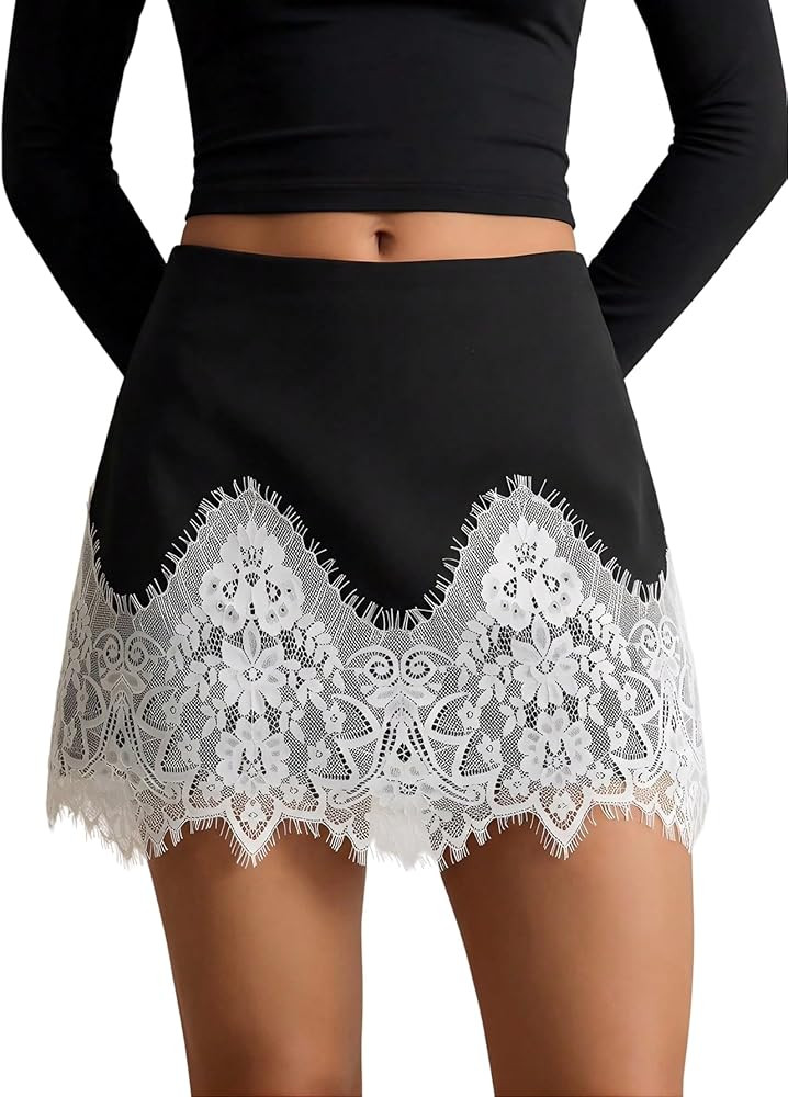 Milumia Women's Lace Trim Mini Skirt High Waisted Asymmetrical Hem Going Out Elegant Suit Skirt | Amazon (US)