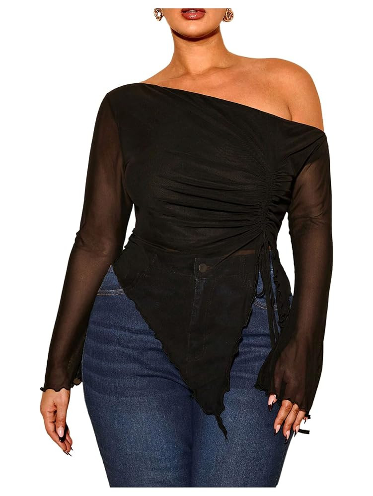 Women's Plus Size Sheer Mesh Off Shoulder Tops Long Sleeve Drawstring Asymmetrical Hem Ruched T S... | Amazon (US)