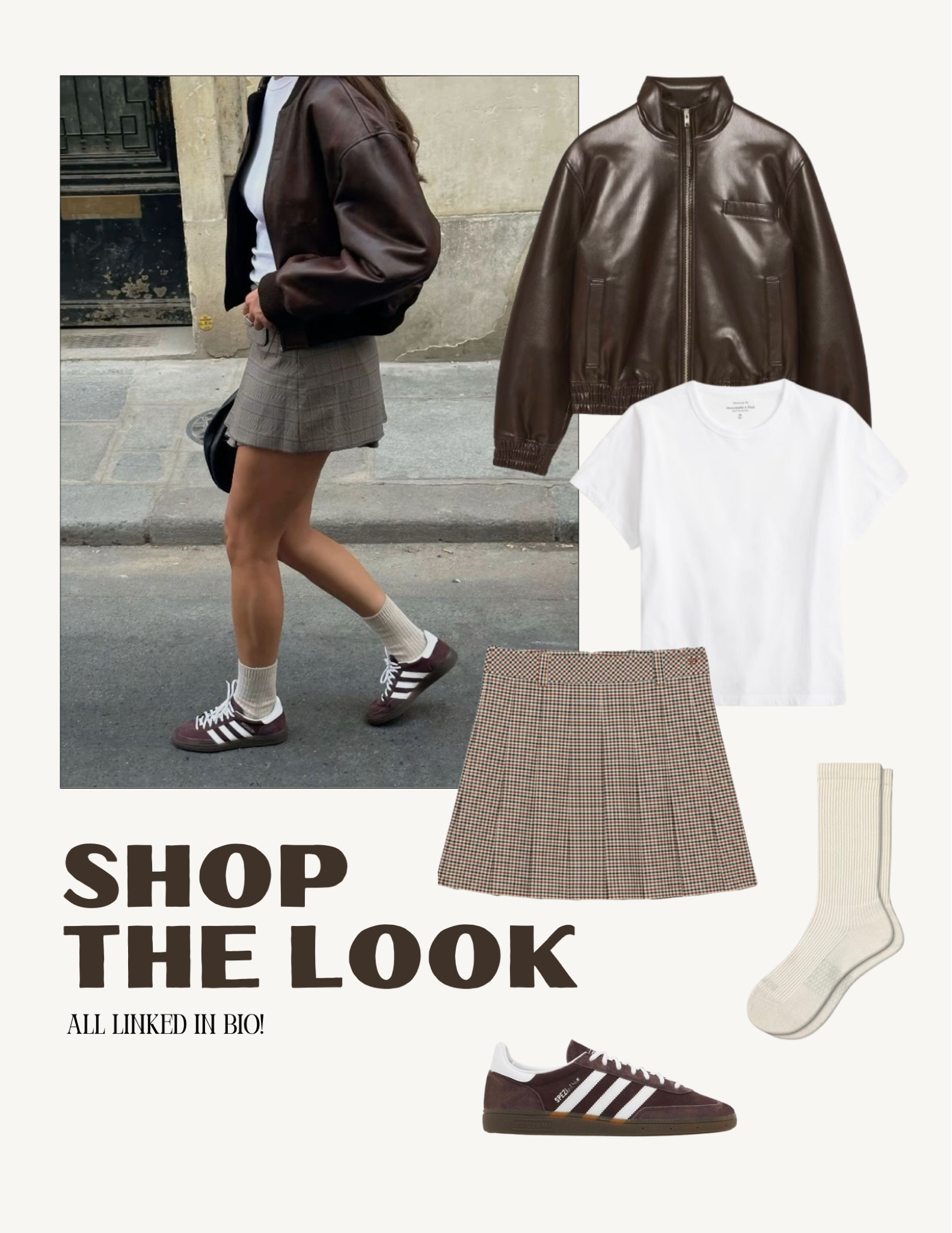Fall Outfit Ideas: leather bomber jacket, basic white tee, plaid mini skirt, pleated skirt, adidas sneakers

#LTKStyleTip #LTKShoeCrush #LTKSeasonal