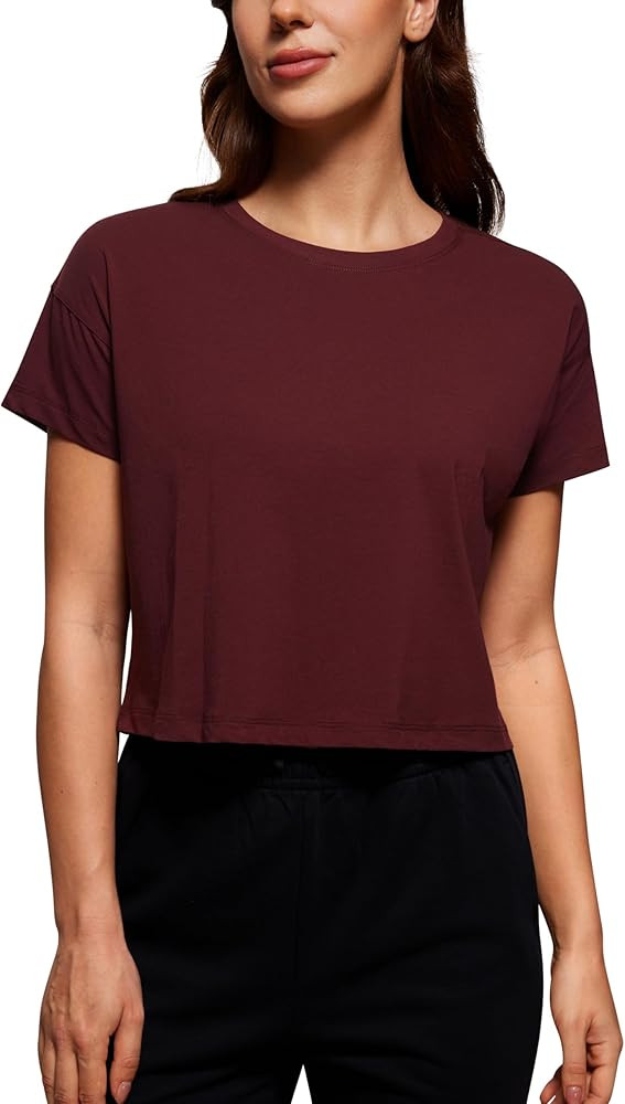 CRZ YOGA Women's Pima Cotton Workout Short Sleeve Shirts Loose Athletic Crop Tops Gym Casual Crop... | Amazon (US)
