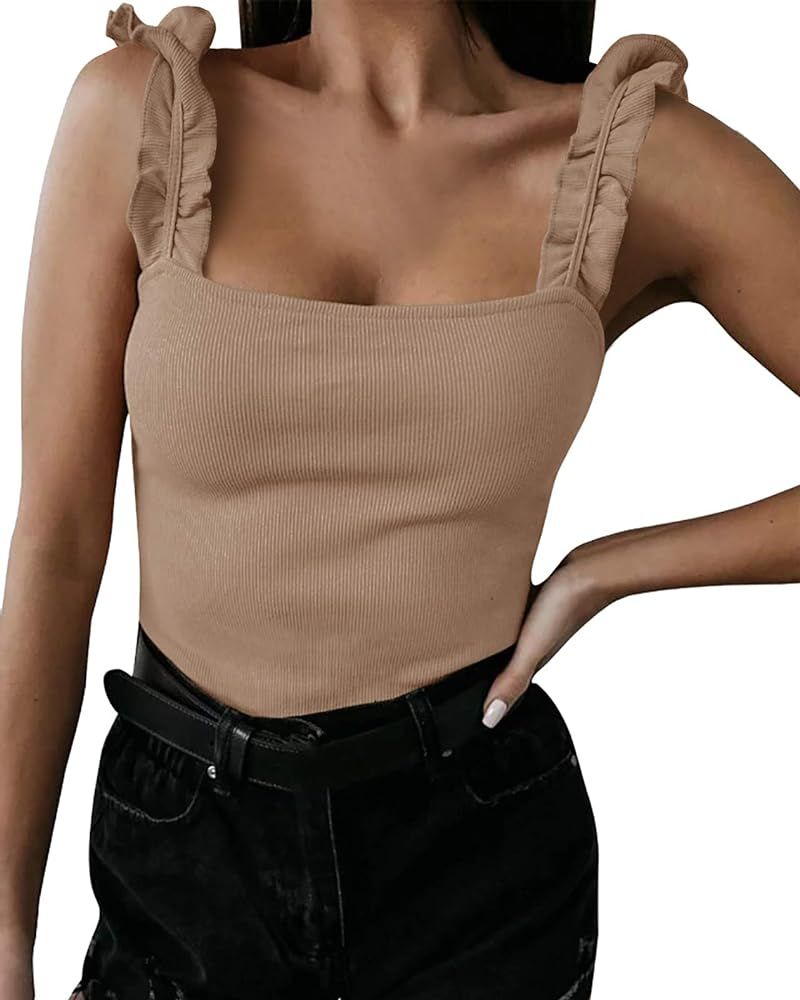 Imysty Women's Square Neck Ruffle Strap Stretchy Ribbed Basic Cami Bodysuit Jumpsuits | Amazon (US)