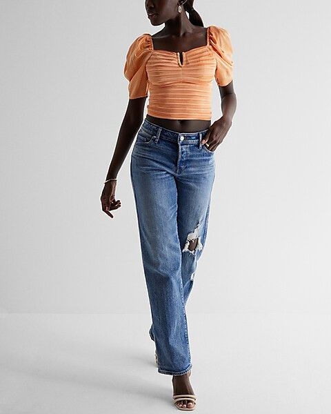 Satin V-Bar Puff Sleeve Ruched Pleated Top | Express
