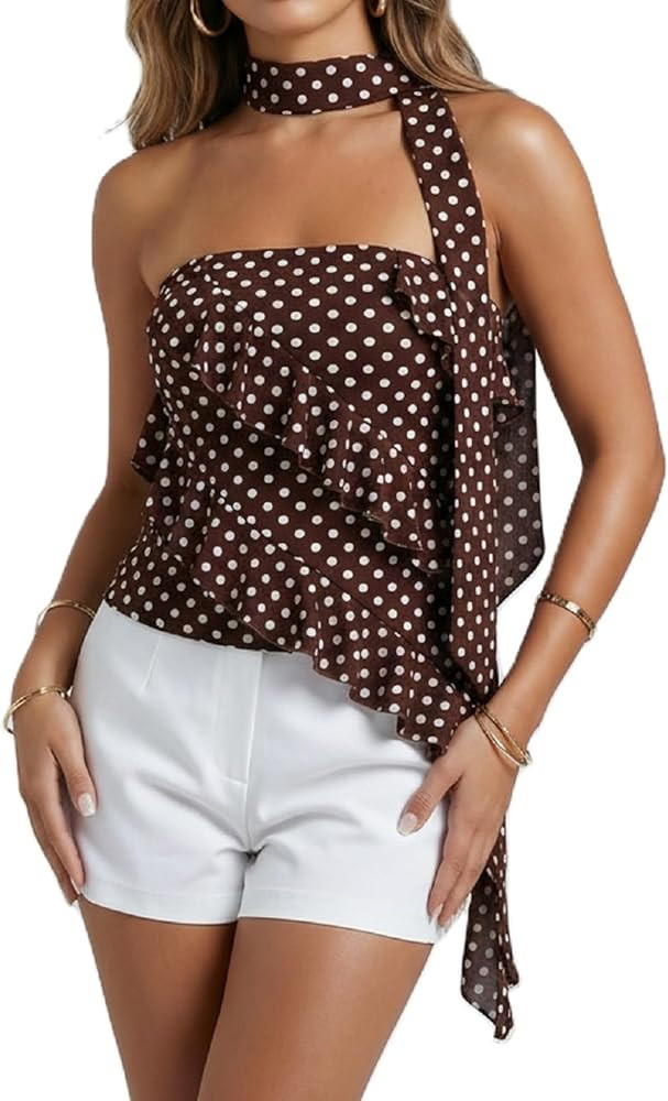 Women's Polka Dots Tube Tops Strapless Ruffle Hem Bandeau Tops with Scarf Y2k Going Out Tops Party Clubwear | Amazon (US)