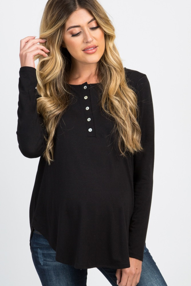 Black Button Accent Long Sleeve Maternity Top | PinkBlush Maternity