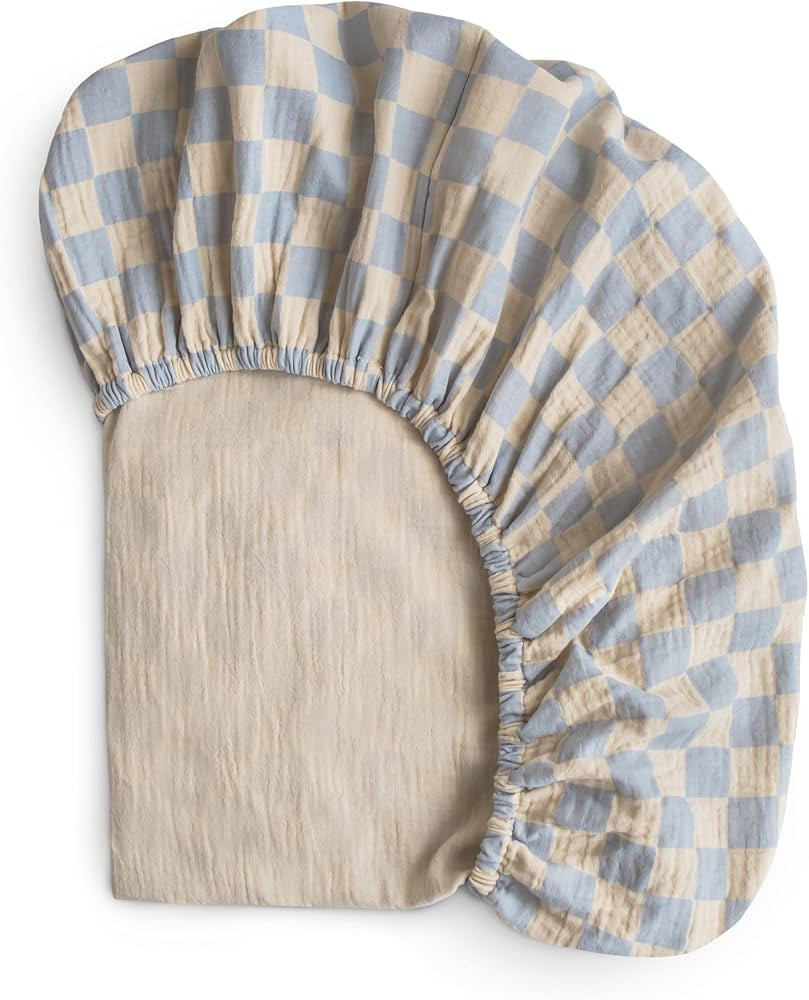 mushie Extra Soft Muslin Fitted Crib Sheet | 192 Thread Count | 28"x 52" (Blue Check) | Amazon (US)