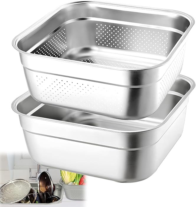 2-in-1 Stainless Steel Washing Up Bowl Set, 12.8" Sturdy Square Dish Tub with Colander, Fruit Veg... | Amazon (US)