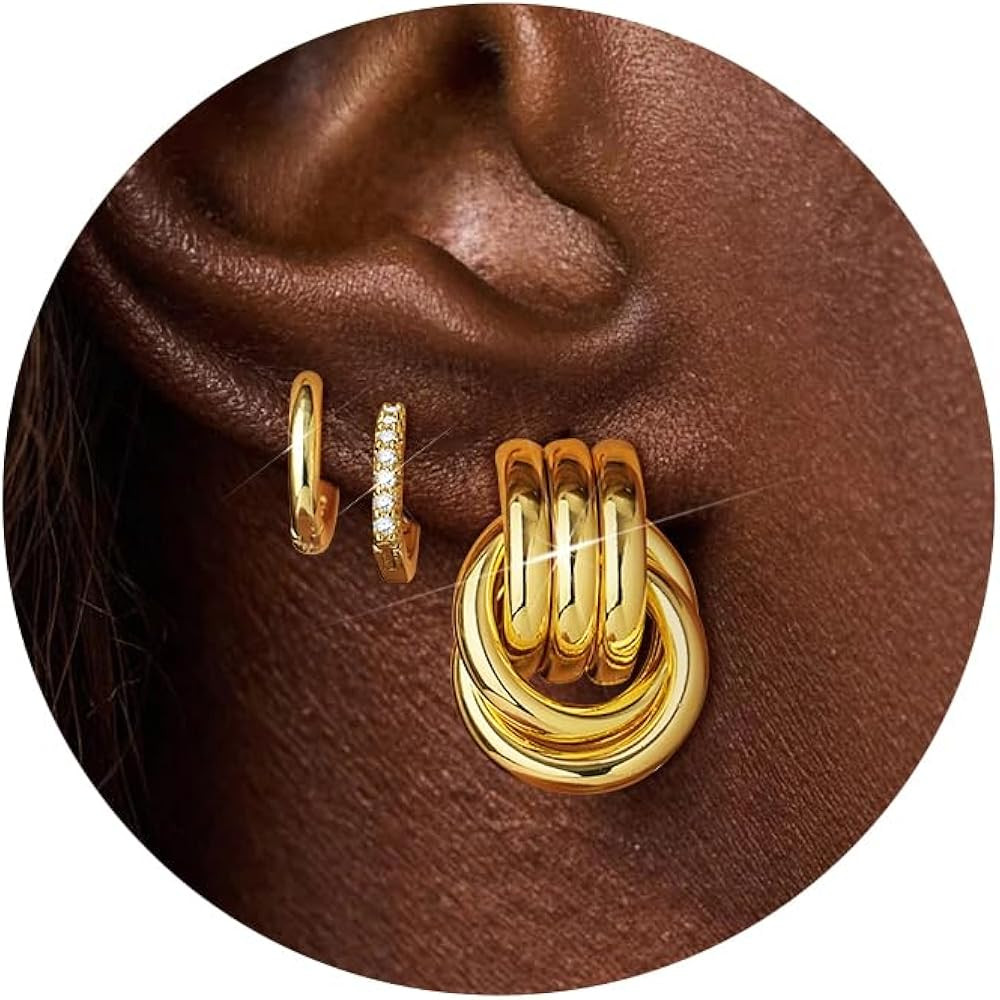 14K Gold Knot Earrings for Women - 3 Pairs Chunky Statement Drop Dangle Hoop Trendy Lightweight H... | Amazon (US)