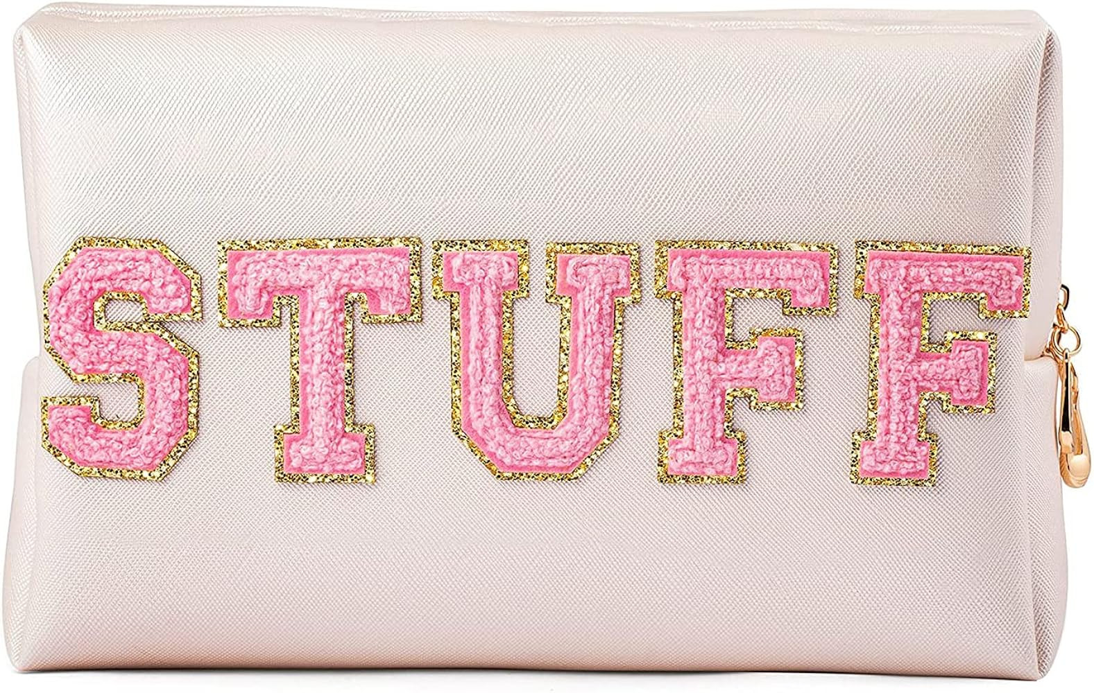 Preppy Patch FACE Letter Cosmetic Toiletry Bag PU Leather Portable Makeup Bag Sewn with Chenille ... | Amazon (US)