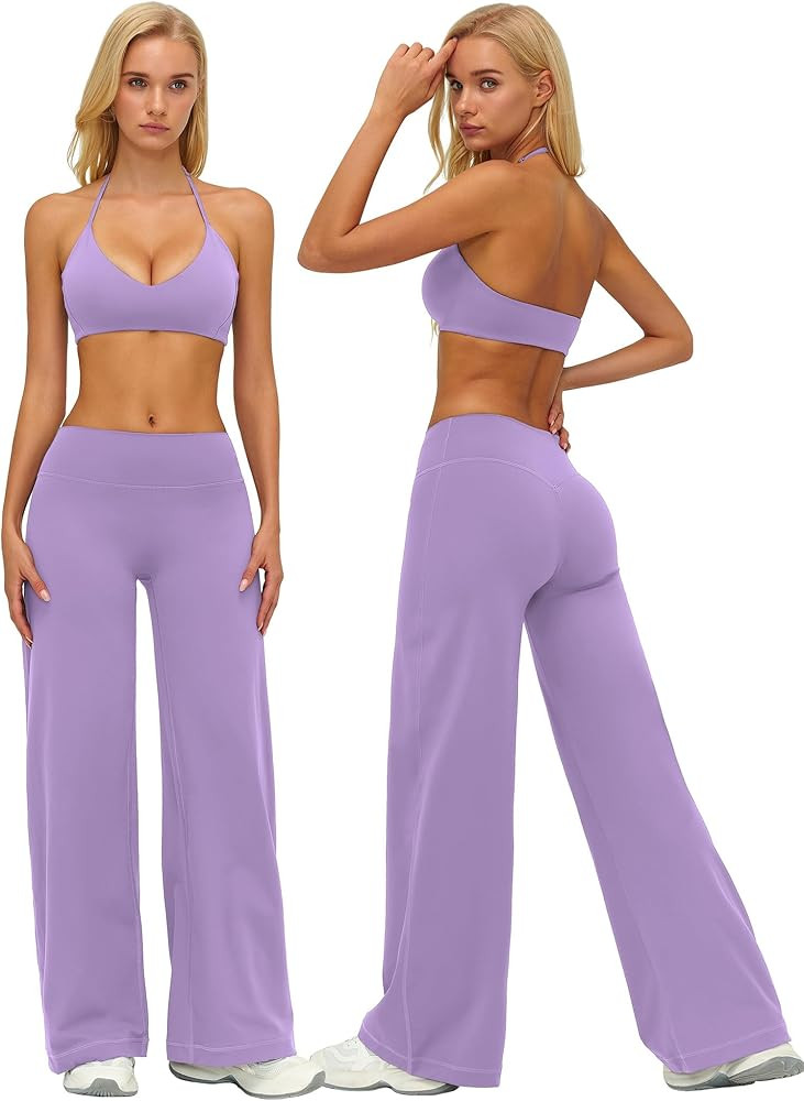 ABOCIW Two Piece Workout Sets for Women V Neck Halter Sports Bra Straight Leg Yoga Pants Gym Pila... | Amazon (US)