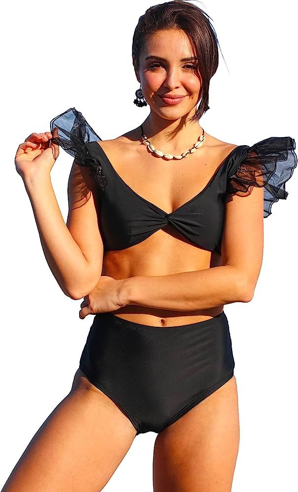 SPORLIKE Women Ruffle High Waist Swimsuit Two Pieces Push Up Tropical Print Bikini | Amazon (US)