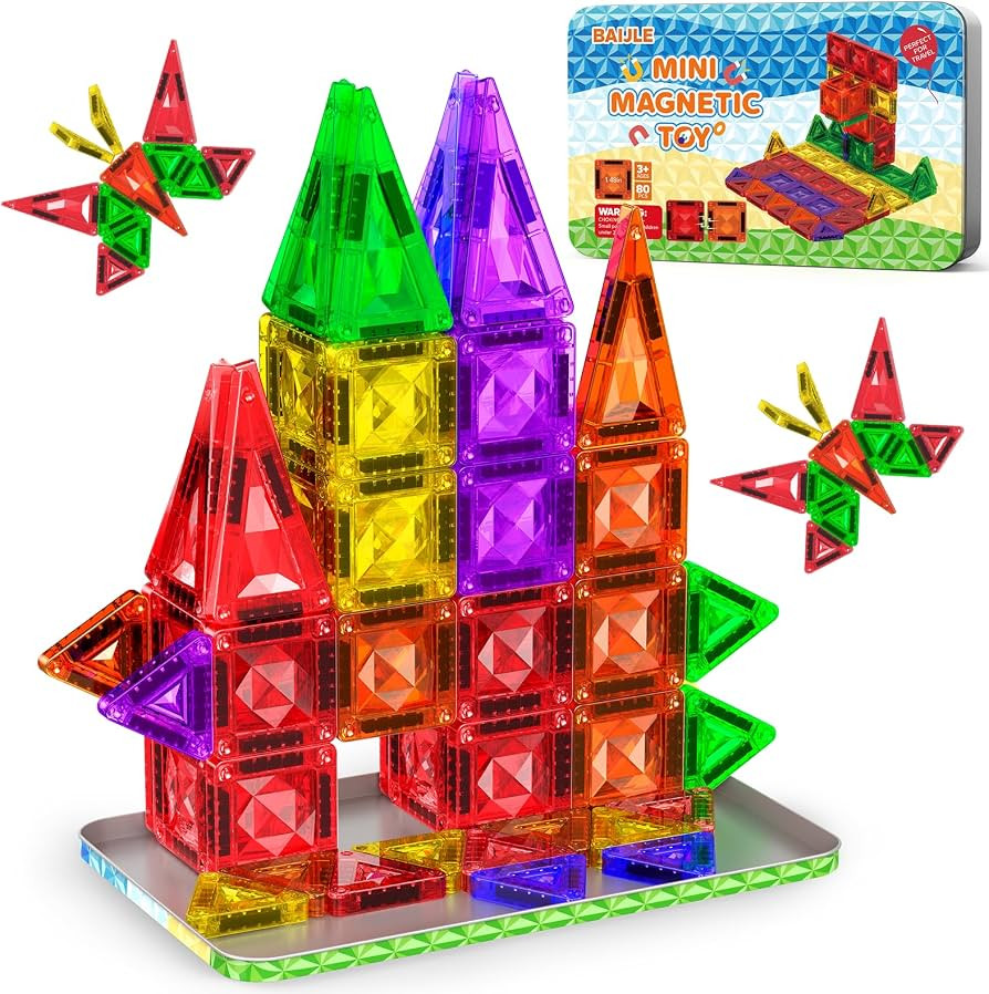 80PCS Mini Magnetic Tiles, Diamond Pattern Travel Magnetic Tiles Building Set with Case, Construc... | Amazon (US)