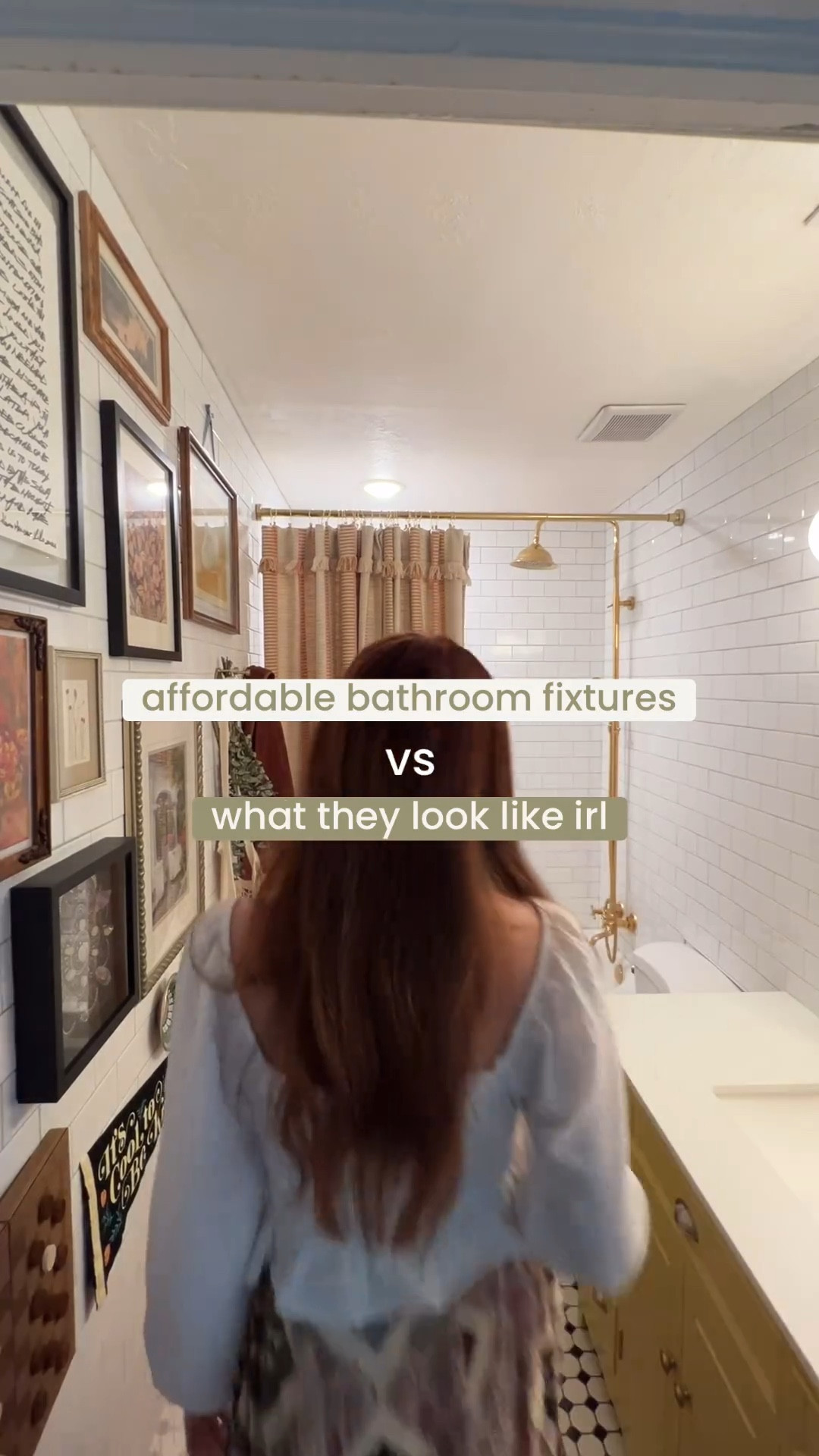 Bathroom vanity lighting. Shower curtain. Exposed shower system. Polished brass faucet. Gallery wall. Colorful bathroom.

#LTKVideo #LTKhome #LTKfindsunder100