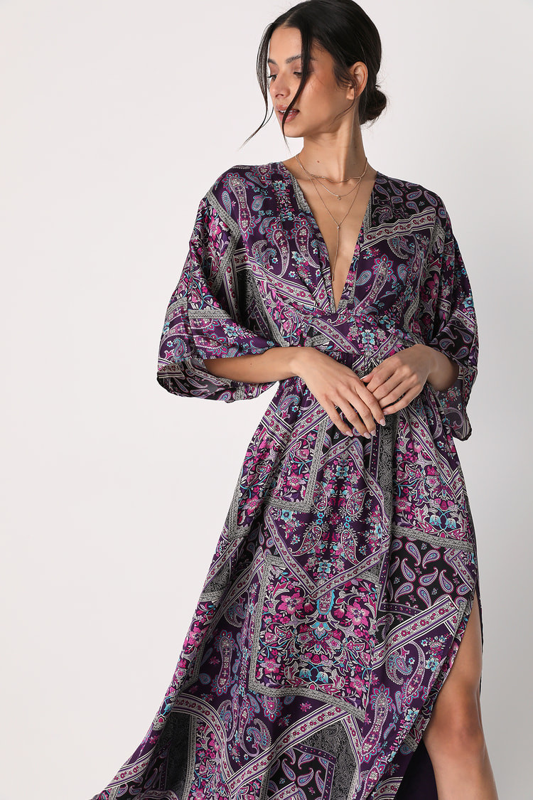 Romantically Retro Purple Multi Paisley Short Sleeve Maxi Dress | Purple Dress | Lulus (US)