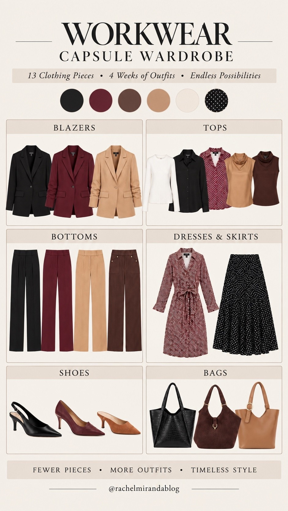 Capsule Workwear Office Wardrobe! 13 clothing pieces, 4 weeks of outfits, NO repeats!
For reference: I’m 5’0, petite, 32b bra size, and 2/26 in bottoms, pear shaped. 
*Everything I share is unaltered! TTS means true to size. Between size 5-6.5 in shoes

All blazers size 0 petite TTS
All tops size xxs regular TTS
All pants size 2 petite TTS
Skirt size xs regular TTS
Wrap dress size xs petite TTS
All Heels size 5 TTS

I put together the ultimate petite workwear capsule wardrobe for fall + winter 🍂🤎 If you’re tired of wondering what to wear to the office every morning, this capsule is for you!

Using just 13 clothing pieces, I created 4 weeks of work outfits that’s an entire month of business casual office outfits without repeating the same look. These petite-friendly pieces can be mixed and matched for everyday workwear, corporate office outfits, business casual looks, work travel, meetings, presentations, and even conference outfits.

Think: petite blazers, work pants, versatile tops, midi skirts, work dresses, comfortable office shoes, and work bags all in a classic fall and winter color palette that makes getting dressed SO much easier.

SAVE this fall workwear capsule wardrobe for the next time you need office outfit inspiration, and send it to your work bestie! 💼✨

petite workwear • workwear capsule wardrobe • fall work outfits • winter work outfits • petite office outfits • business casual outfits • women’s workwear • conference outfits • corporate outfits • petite capsule wardrobe • fall capsule wardrobe • office outfit ideas • work outfit ideas

#LTKPetite #LTKSaleAlert #LTKWorkwear