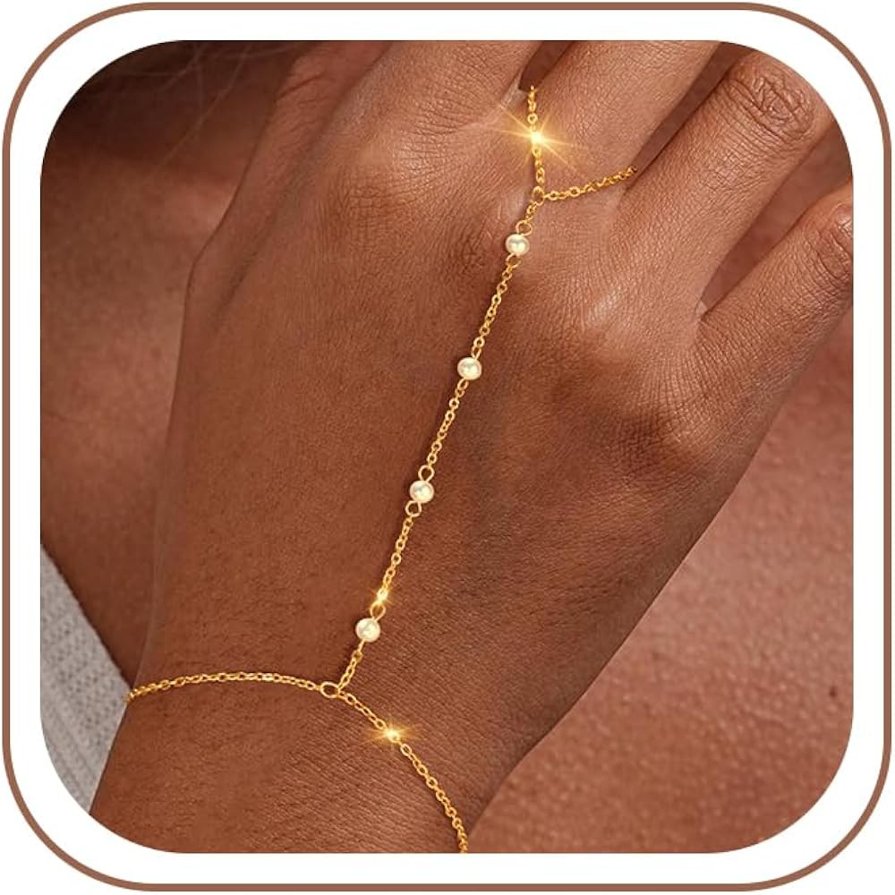 Hand Chain Bracelet for Women - 14K Gold Plated Hand Pearl Chain Bracelets Dainty Ring Bracelet F... | Amazon (US)