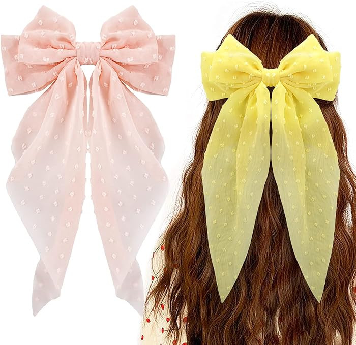 Big Bow Hair Clips 2pcs, Long Tail French Barrettes for Women and Girls, Pink Yellow Bowknot Acce... | Amazon (US)