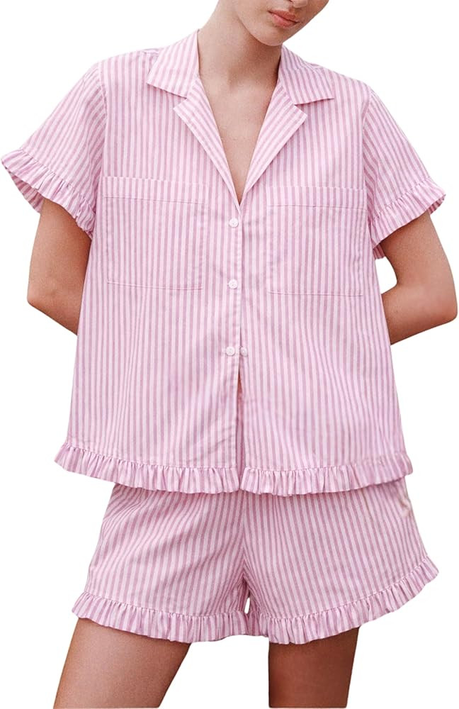 Tanming Womens Striped Pajama Set 2 Piece Cotton Short Sleeve Ruffle Button Down Sleepwear Shorts... | Amazon (US)