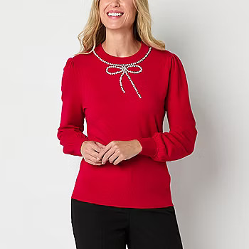 Liz Claiborne Womens Crew Neck Embellished Long Sleeve Pullover Sweater, Color: Cabaret Red - JCP... | JCPenney