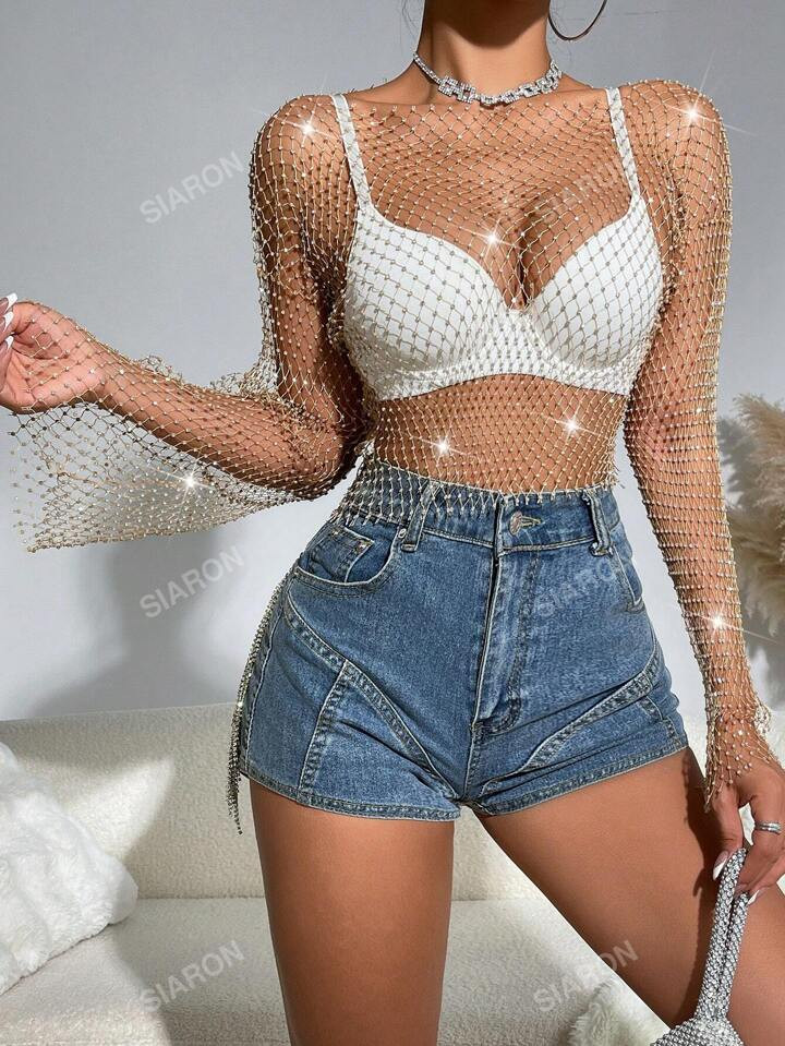 Women Summer Rhinestone See-Through Stand Collar Drop Shoulder Sleeve Sexy Party Top | SHEIN
