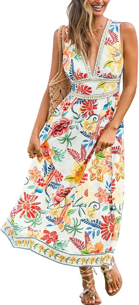 CUPSHE Women's Summer Dresses Tropical Floral Plunging V Neck Sleeveless Flowy Beach Vacation Max... | Amazon (US)