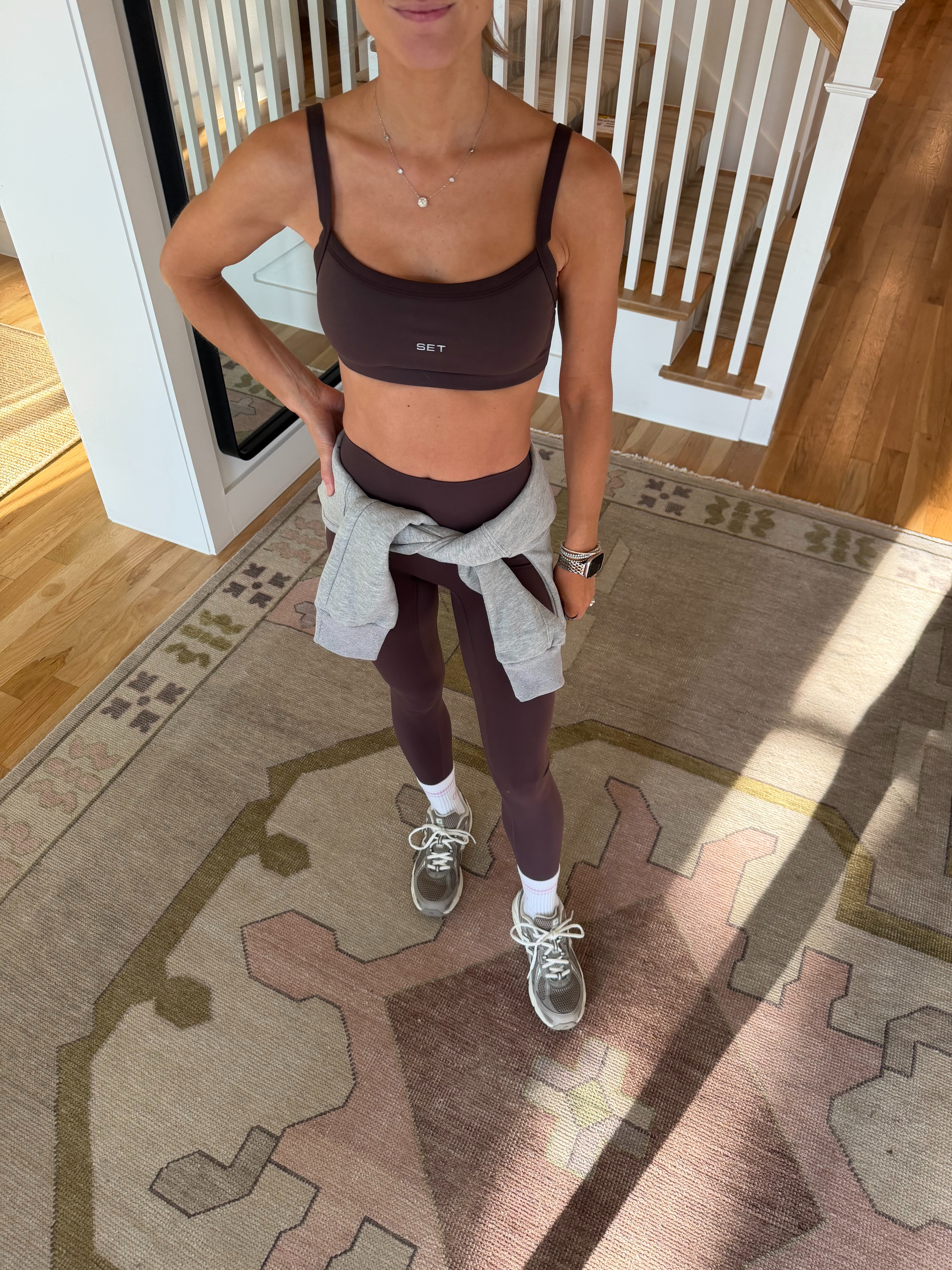 SET active brown workout set (wearing XS) and amazon grey funnel neck pullover (wearing S) 

 
