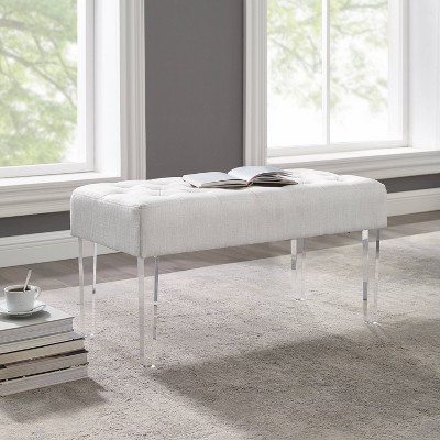 35" Ella Glam Tufted Linen Upholstered Acrylic Leg Bench Silver - Linon: Plush Ottoman, Bedroom Seating | Target