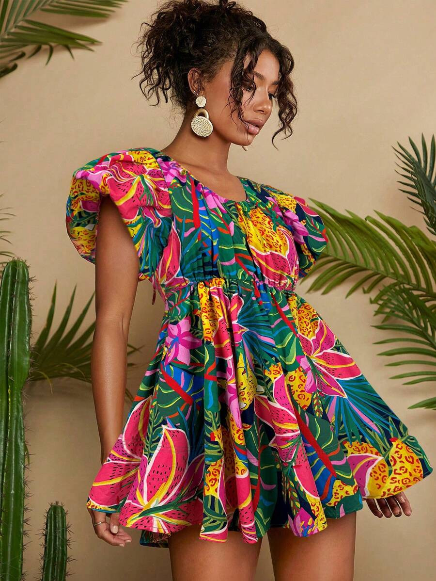 Travachic Summer Beach Woman Tropical Print Butterfly Sleeve Dress | SHEIN