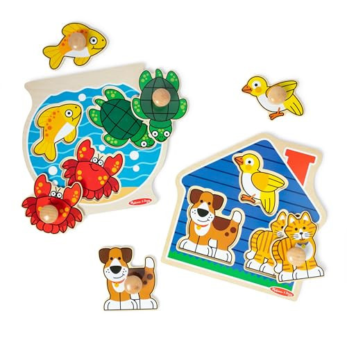 Melissa & Doug Wooden Jumbo Peg Puzzle 2-Pack – Fish Bowl, House Pets, 3-Piece for Toddlers Boys and Girls, Ages 1+ Years | Amazon (US)