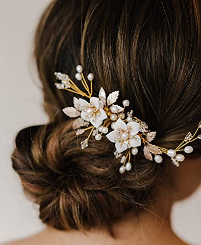 SWEETV Wedding Hair Comb for Bridal Hair Accessories, Handmade Flower Bridal Hair Clip Hair Pieces, Gold, 5.12 *2.75 inches, 1 Count (Pack of 1) | Amazon (US)