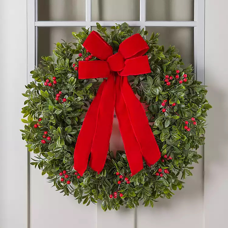 Boxwood Red Berry with Velvet Bow Christmas Wreath | Kirklands