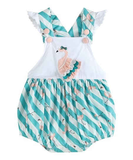 Turquoise Striped Smocked Flamingo Ruffle Romper - Infant | Zulily
