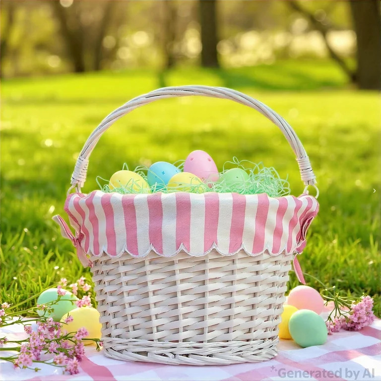 Round Willow Basket with Scalloped Stripe Liner, White and Pink, 11.5" x 8", Easter by Way To Cel... | Walmart (US)
