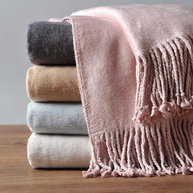 EP Mode Fringed Mulberry Silk Throw Blanket for Sofa (Cameo Pink) | Amazon (US)