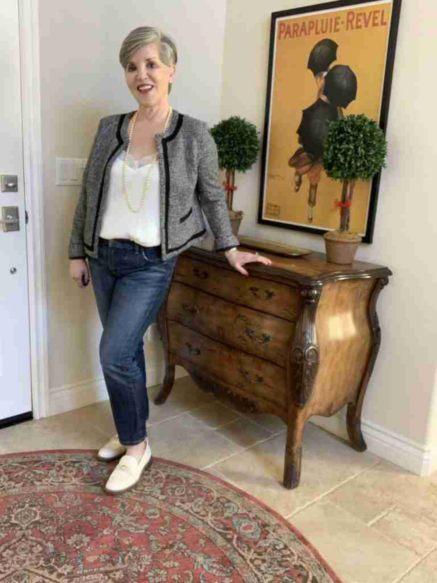 Have you heard the term “bookending” ? It’s where you wear the same color on your top as on your shoes. It’s a way of putting your outfit together in a more cohesive, elevated way.
Here, I took the boucle jacket and put it over the cream cami and pearls. My jeans are dark wash and my loafers are cream. Would you wear this look?

#LTKShoeCrush #LTKStyleTip #LTKOver40