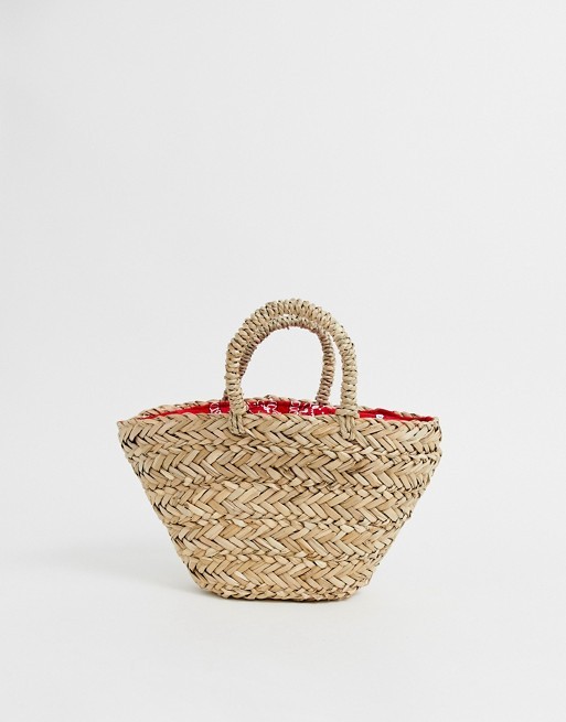 ASOS DESIGN natural straw mini basket bag with bandana print lining | ASOS UK