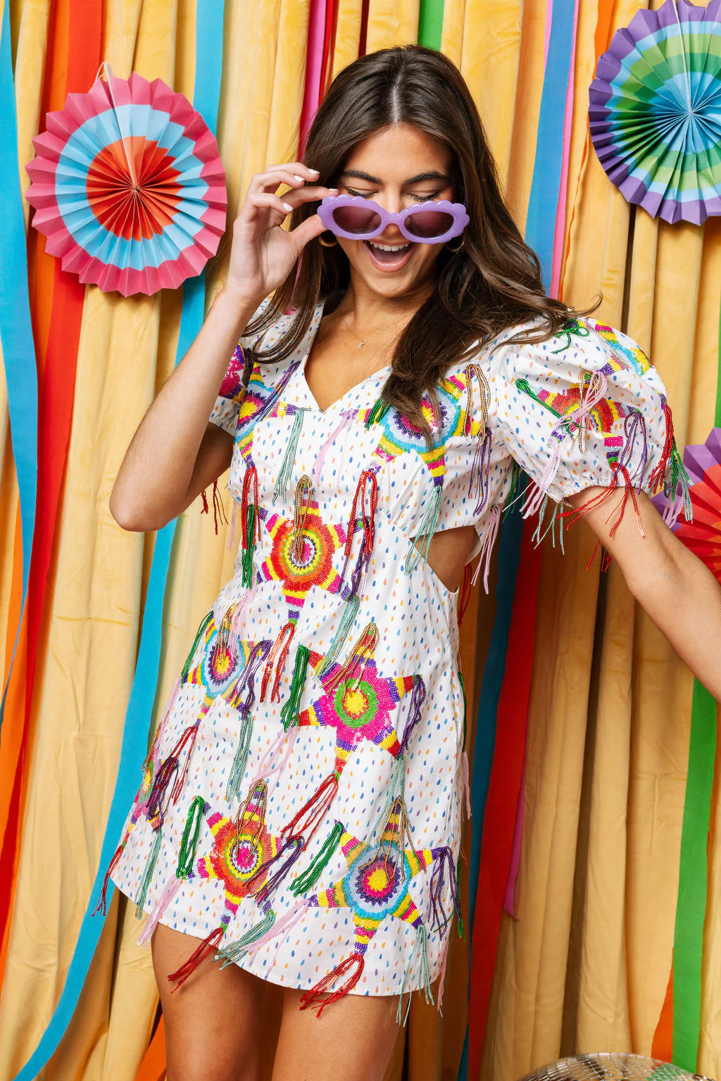 White Piñata Fringe Poof Sleeve Dress | Queen of Sparkles