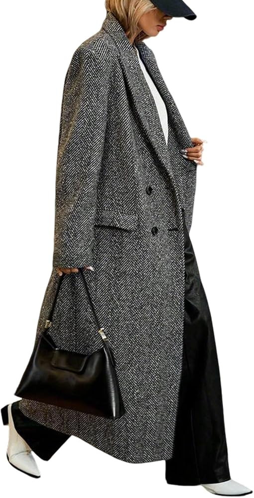 CHARTOU Long Wool Trench Coat Women Double Breasted Herringbone Notch Collar Dressy Winter Pea Co... | Amazon (US)